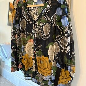 CAbi Black Floral Blouse with Yellow and Blue Accents